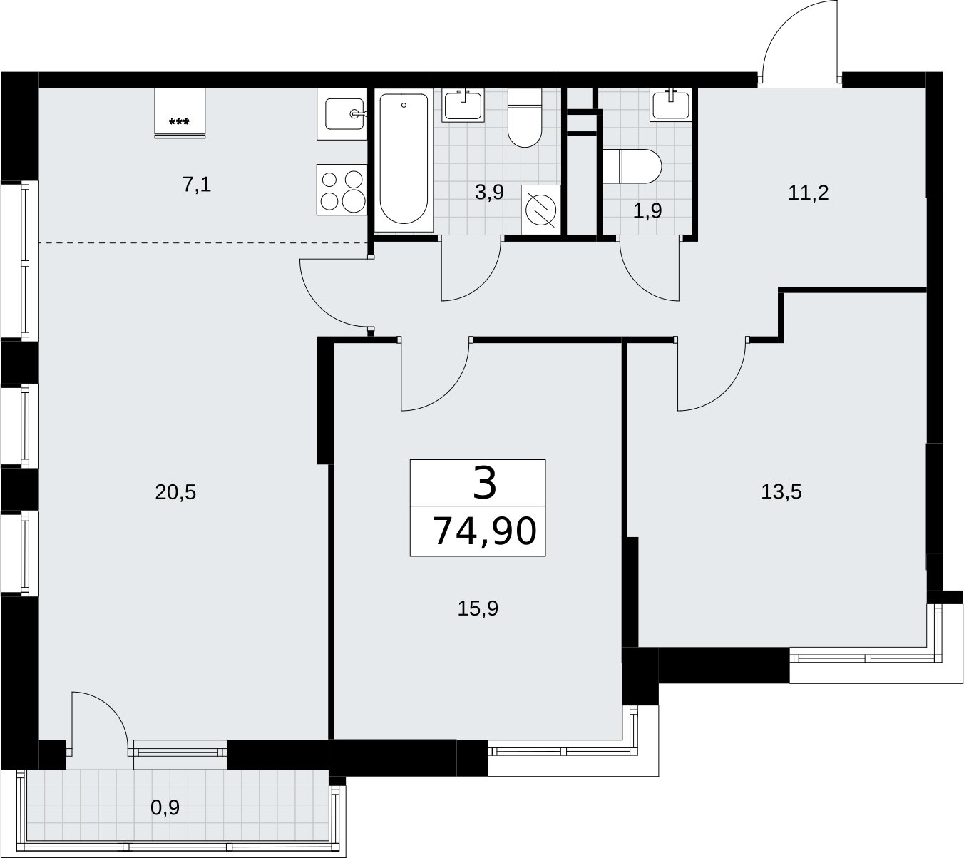 3-комнатная квартира (евро) без отделки, 74.9 м2, 9 этаж, сдача 3 квартал 2026 г., ЖК Родные кварталы, корпус 3.5 - объявление 2378736 - фото №1