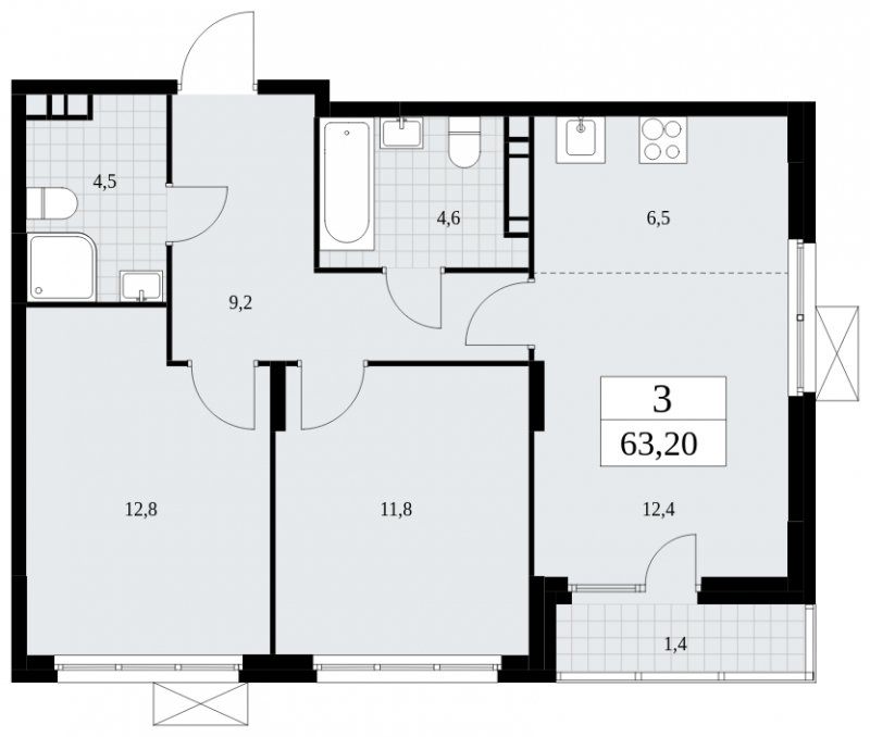 3-комнатная квартира (евро) с частичной отделкой, 63.2 м2, 8 этаж, сдача 4 квартал 2024 г., ЖК Скандинавия, корпус 35.1.4 - объявление 1779709 - фото №1