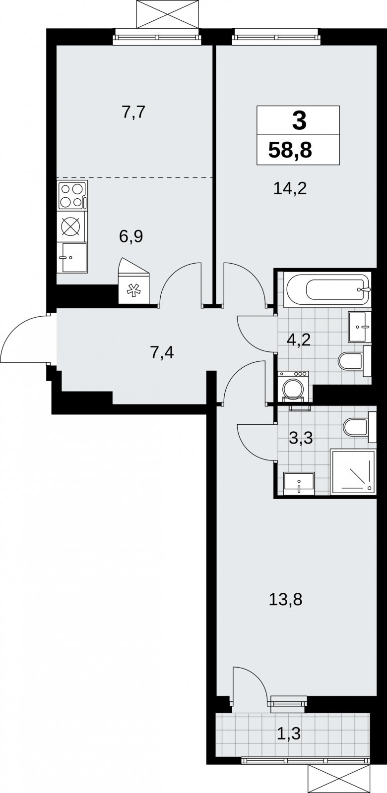 3-комнатная квартира (евро) с полной отделкой, 58.8 м2, 11 этаж, сдача 3 квартал 2026 г., ЖК Дзен-кварталы, корпус 6.1.3 - объявление 2327421 - фото №1