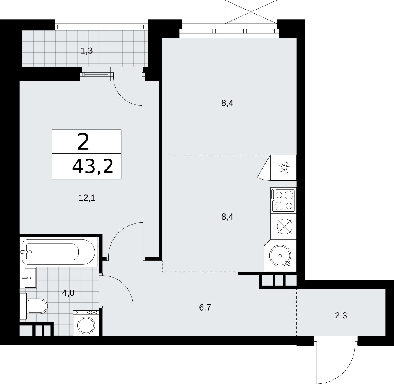 2-комнатная квартира (евро) с частичной отделкой, 43.2 м2, 7 этаж, сдача 2 квартал 2026 г., ЖК Бунинские кварталы, корпус 5.1 - объявление 2297221 - фото №1