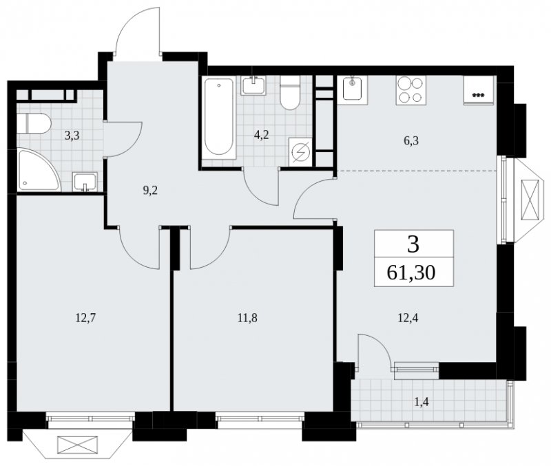 3-комнатная квартира (евро) с частичной отделкой, 61.3 м2, 13 этаж, сдача 4 квартал 2024 г., ЖК Бунинские кварталы, корпус 1.2 - объявление 1834375 - фото №1