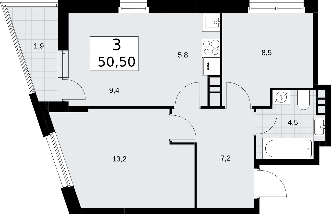 3-комнатная квартира (евро) с полной отделкой, 50.5 м2, 7 этаж, сдача 4 квартал 2026 г., ЖК Родные кварталы, корпус 3.3 - объявление 2378630 - фото №1