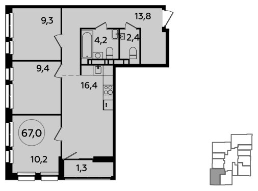 3-комнатная квартира без отделки, 67 м2, 20 этаж, сдача 4 квартал 2023 г., ЖК Южные сады, корпус 1.2 - объявление 1512235 - фото №1