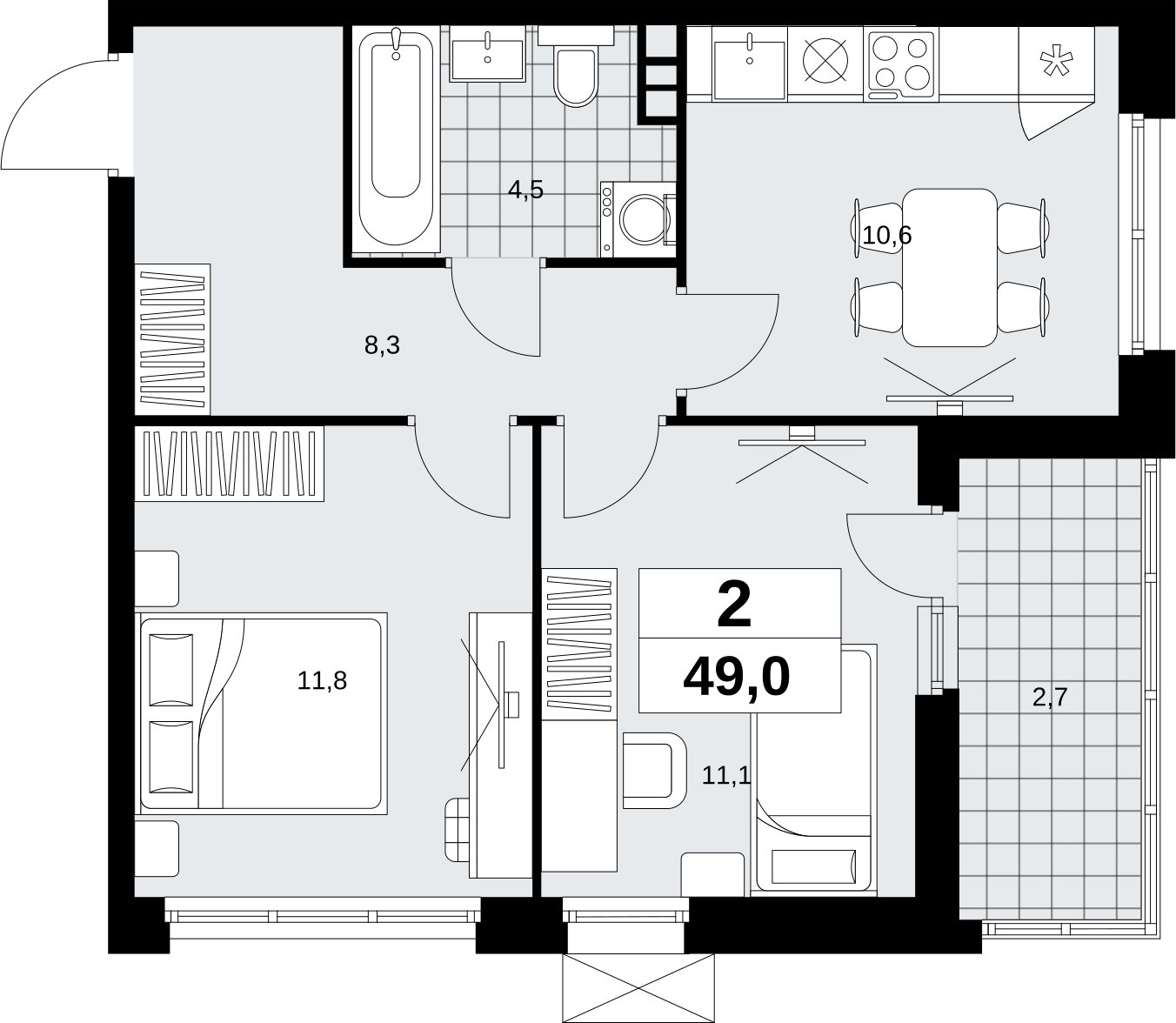 2-комнатная квартира без отделки, 49 м2, 3 этаж, сдача 4 квартал 2026 г., ЖК Скандинавия, корпус 2.18.2.6 - объявление 2351715 - фото №1