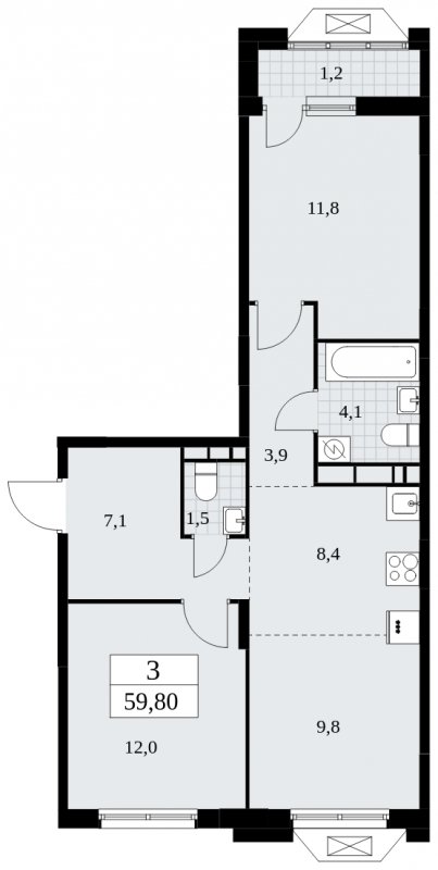 3-комнатная квартира (евро) без отделки, 59.8 м2, 9 этаж, сдача 1 квартал 2025 г., ЖК Бунинские кварталы, корпус 1.3 - объявление 1834801 - фото №1