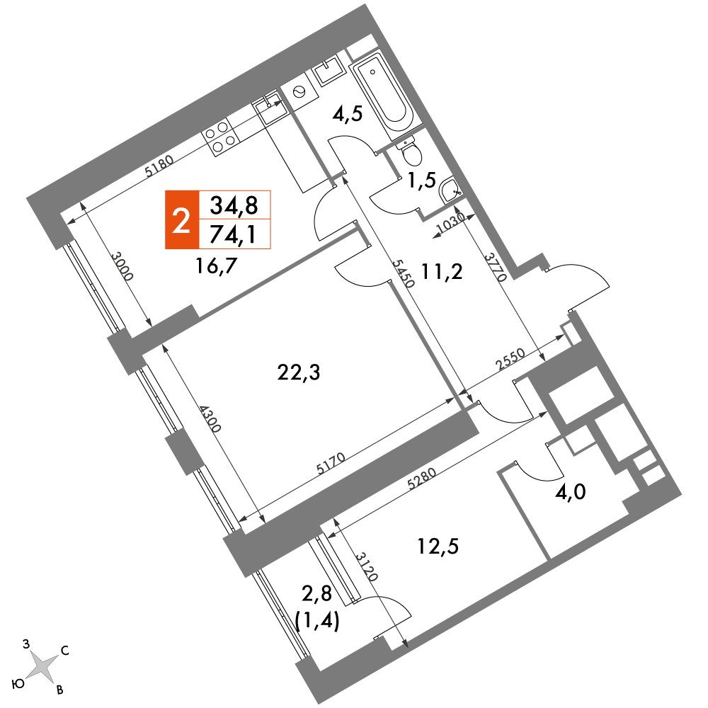 2-комнатная квартира с частичной отделкой, 74.1 м2, 25 этаж, дом сдан, ЖК Архитектор, корпус 3 - объявление 2378091 - фото №1