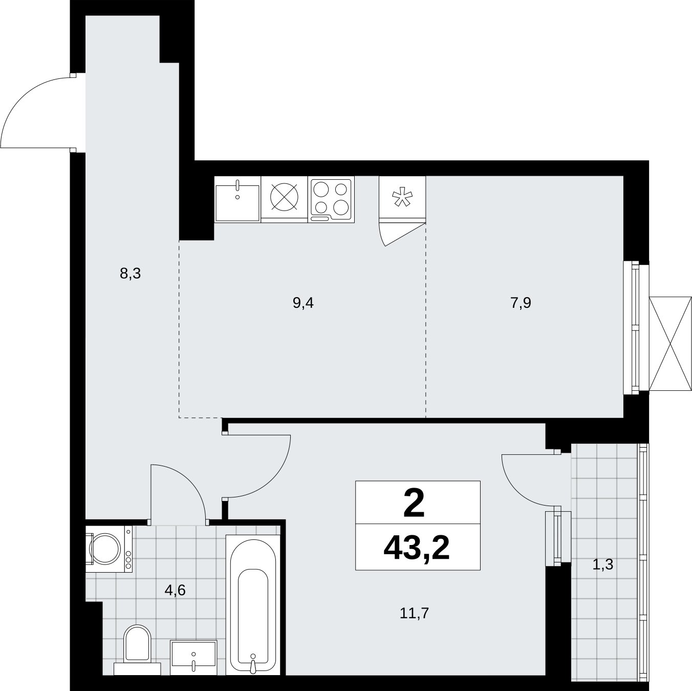 2-комнатная квартира (евро) с полной отделкой, 43.2 м2, 6 этаж, сдача 3 квартал 2026 г., ЖК Дзен-кварталы, корпус 6.1.3 - объявление 2327825 - фото №1