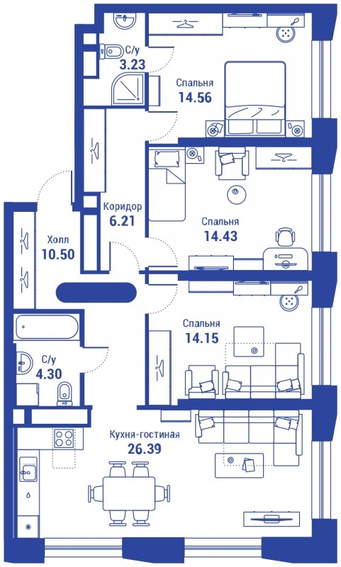 4-комнатная квартира с полной отделкой, 93.76 м2, 24 этаж, сдача 3 квартал 2024 г., ЖК iLove, корпус 2 - объявление 1886451 - фото №1