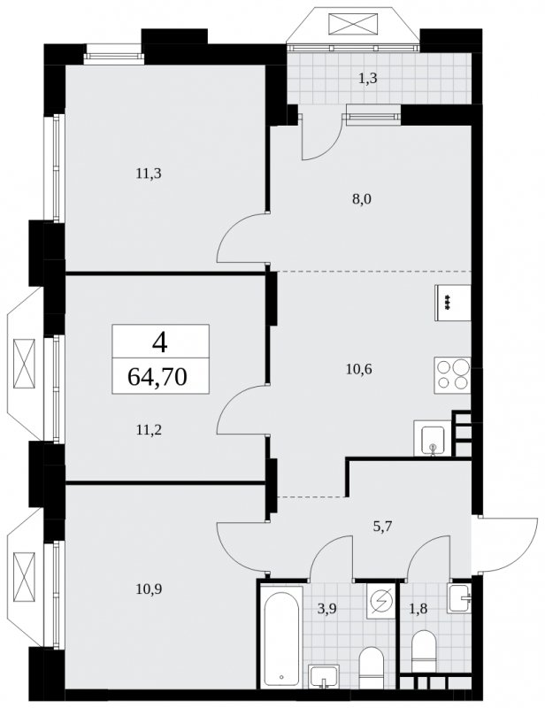 4-комнатная квартира (евро) без отделки, 64.7 м2, 7 этаж, сдача 1 квартал 2025 г., ЖК Бунинские кварталы, корпус 1.3 - объявление 1834769 - фото №1