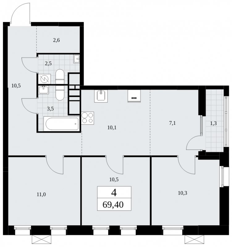 4-комнатная квартира (евро) с частичной отделкой, 69.4 м2, 14 этаж, сдача 1 квартал 2025 г., ЖК Дзен-кварталы, корпус 1.1 - объявление 1895585 - фото №1