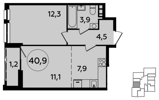 2-комнатная квартира (евро) без отделки, 40.9 м2, 18 этаж, сдача 1 квартал 2024 г., ЖК Южные сады, корпус 1.3 - объявление 1512388 - фото №1