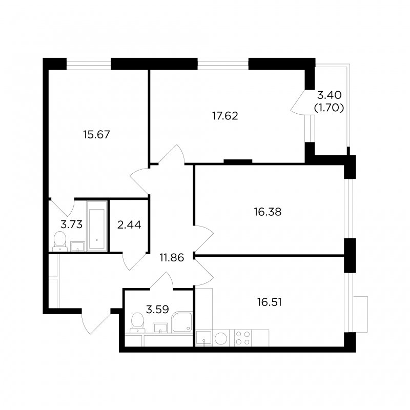 3-комнатная квартира без отделки, 88.63 м2, 4 этаж, дом сдан, ЖК TopHILLS, корпус 5 - объявление 1782591 - фото №1