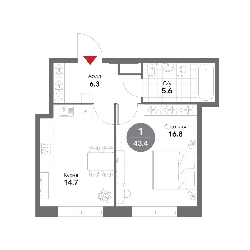 1-комнатная квартира без отделки, 43.4 м2, 5 этаж, сдача 3 квартал 2025 г., ЖК VOXHALL, корпус 2 - объявление 1785341 - фото №1