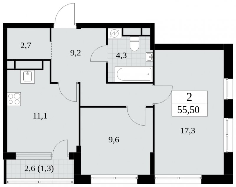 2-комнатная квартира с частичной отделкой, 55.5 м2, 24 этаж, сдача 2 квартал 2025 г., ЖК Южные сады, корпус 2.1 - объявление 1760054 - фото №1