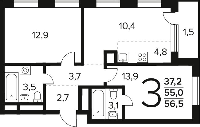 3-комнатная квартира (евро) без отделки, 56.5 м2, 8 этаж, сдача 4 квартал 2027 г., ЖК Новые Ватутинки. Заречный, корпус 6/2 - объявление 2458558 - фото №1