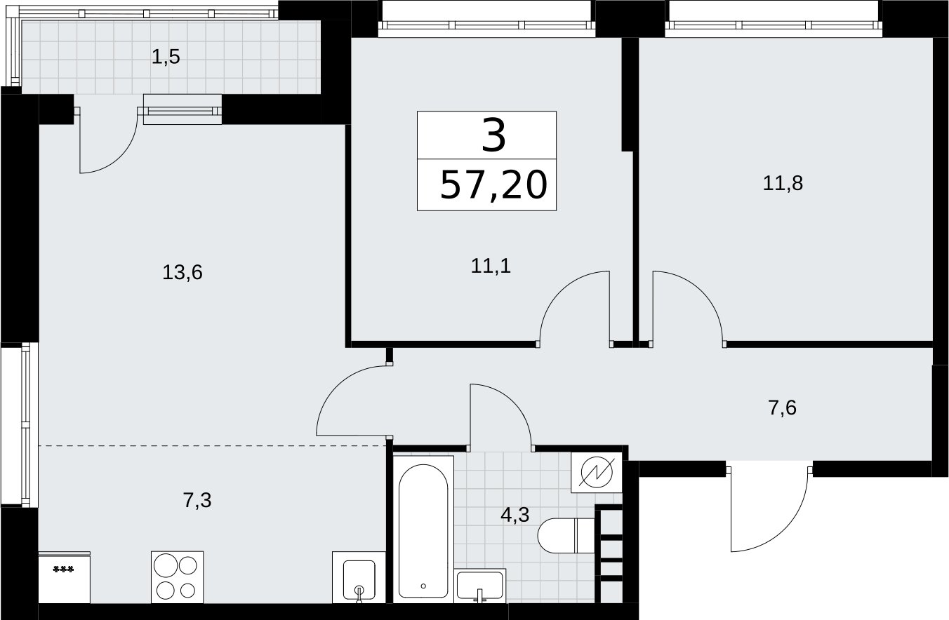 3-комнатная квартира (евро) с полной отделкой, 57.2 м2, 4 этаж, сдача 4 квартал 2026 г., ЖК Родные кварталы, корпус 3.3 - объявление 2378464 - фото №1