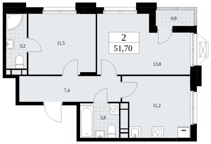 2-комнатная квартира с частичной отделкой, 51.7 м2, 15 этаж, сдача 4 квартал 2024 г., ЖК Бунинские кварталы, корпус 1.2 - объявление 1834386 - фото №1