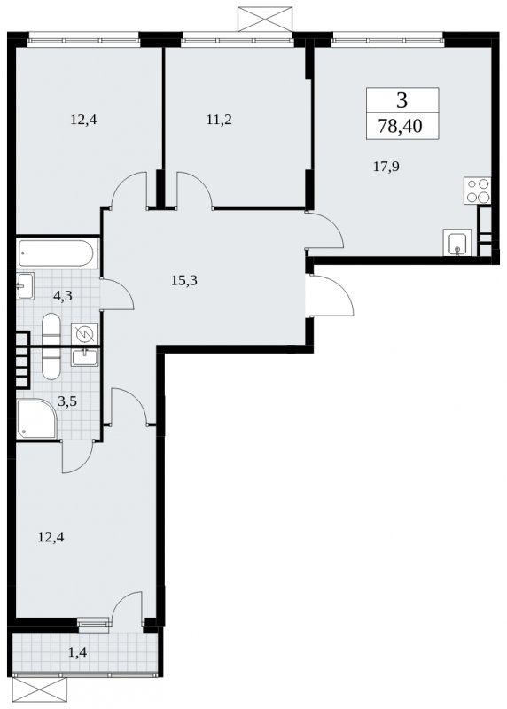 3-комнатная квартира без отделки, 78.4 м2, 9 этаж, сдача 4 квартал 2024 г., ЖК Скандинавия, корпус 35.2.1 - объявление 1840923 - фото №1