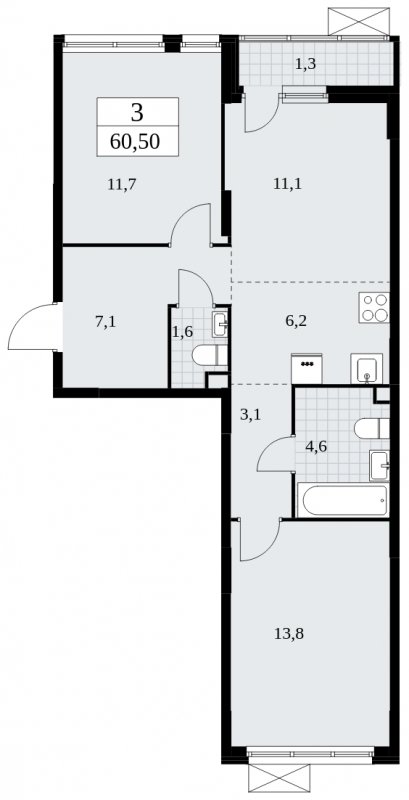 3-комнатная квартира (евро) без отделки, 60.5 м2, 2 этаж, сдача 4 квартал 2024 г., ЖК Скандинавия, корпус 35.2.2 - объявление 1841075 - фото №1