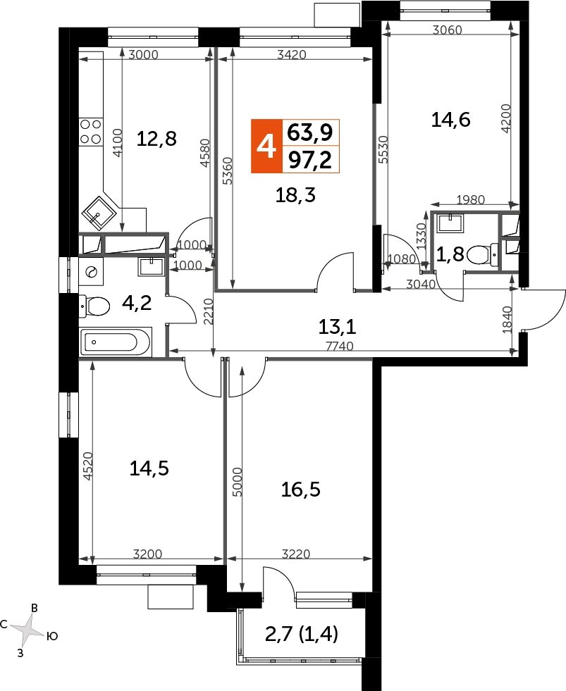 4-комнатная квартира без отделки, 97.2 м2, 20 этаж, сдача 4 квартал 2023 г., ЖК Датский квартал, корпус 2 - объявление 2207698 - фото №1