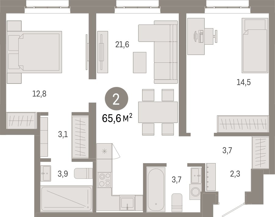 2-комнатная квартира 65.6 м2, 4 этаж, сдача 3 квартал 2026 г., ЖК Квартал Метроном, корпус 1 - объявление 2330797 - фото №1