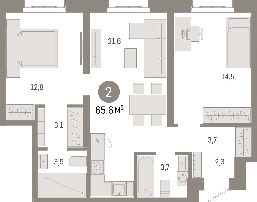 2-комнатная квартира 65.6 м2, 4 этаж, сдача 3 квартал 2026 г., ЖК Квартал Метроном, корпус 1 - объявление 2423998 - фото №1