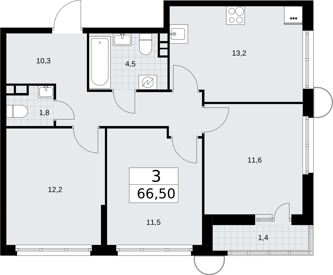 3-комнатная квартира с полной отделкой, 66.5 м2, 3 этаж, сдача 4 квартал 2026 г., ЖК Родные кварталы, корпус 3.2 - объявление 2378368 - фото №1