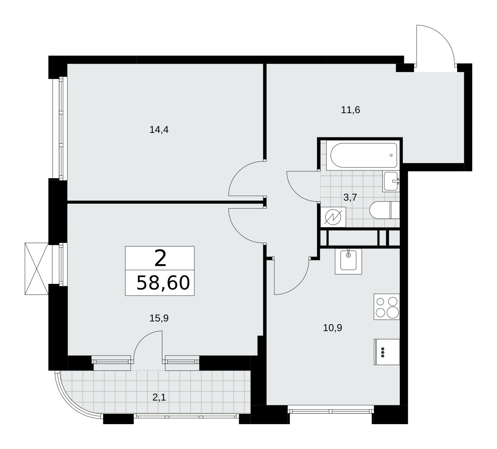 2-комнатная квартира с частичной отделкой, 58.6 м2, 16 этаж, сдача 4 квартал 2025 г., ЖК Скандинавия, корпус 28.3 - объявление 2202568 - фото №1
