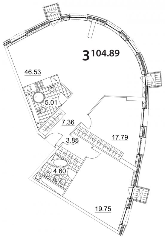 3-комнатная квартира без отделки, 104.89 м2, 9 этаж, дом сдан, ЖК Апарт-комплекс Nakhimov, корпус 3 - объявление 1685621 - фото №1