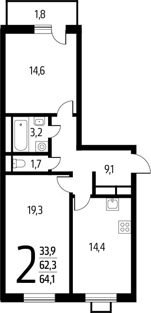 2-комнатная квартира с полной отделкой, 64.1 м2, 9 этаж, сдача 1 квартал 2025 г., ЖК Новые Ватутинки. Заречный, корпус 5/3 - объявление 2271921 - фото №1