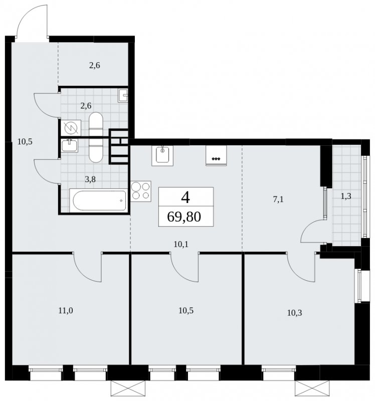 4-комнатная квартира (евро) без отделки, 69.8 м2, 3 этаж, сдача 2 квартал 2025 г., ЖК Дзен-кварталы, корпус 2.3 - объявление 1932518 - фото №1
