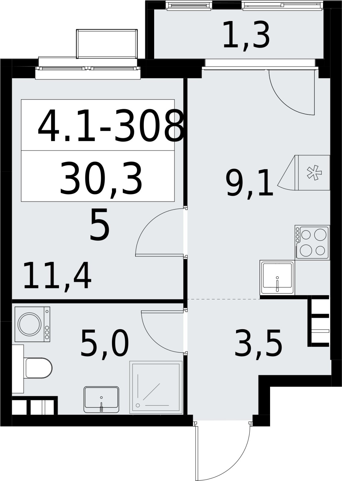 1-комнатная квартира с полной отделкой, 30.3 м2, 9 этаж, сдача 2 квартал 2027 г., ЖК Южные сады, корпус 4.1.2 - объявление 2392816 - фото №1