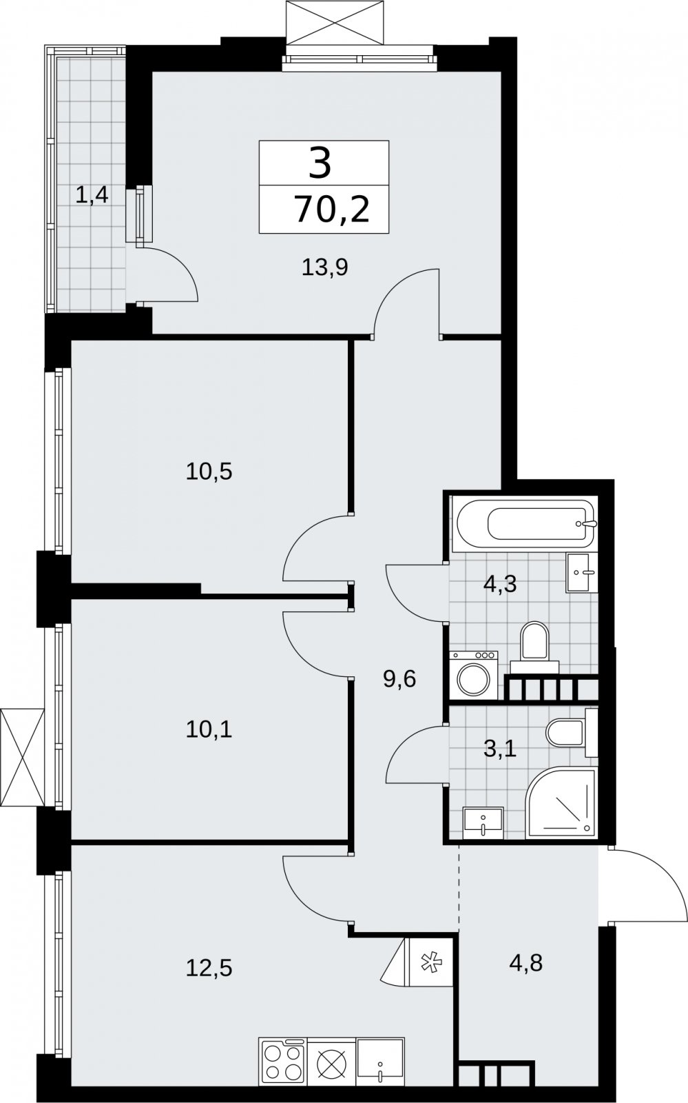 3-комнатная квартира с частичной отделкой, 70.2 м2, 4 этаж, сдача 2 квартал 2026 г., ЖК Бунинские кварталы, корпус 5.1 - объявление 2297003 - фото №1