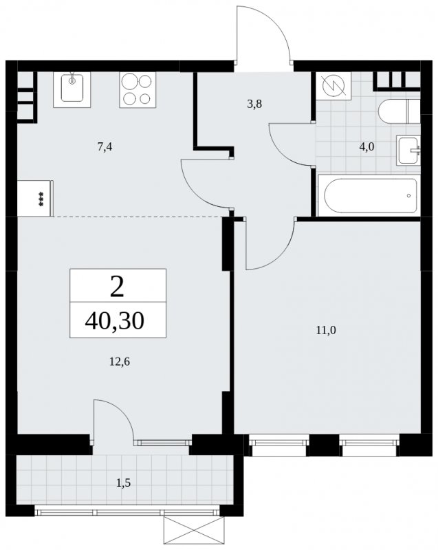 2-комнатная квартира (евро) с частичной отделкой, 40.3 м2, 4 этаж, сдача 1 квартал 2025 г., ЖК Дзен-кварталы, корпус 1.2 - объявление 1895689 - фото №1