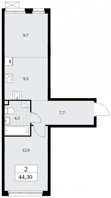2-комнатная квартира (евро) с частичной отделкой, 44.3 м2, 2 этаж, сдача 1 квартал 2025 г., ЖК Дзен-кварталы, корпус 1.2 - объявление 1895716 - фото №1