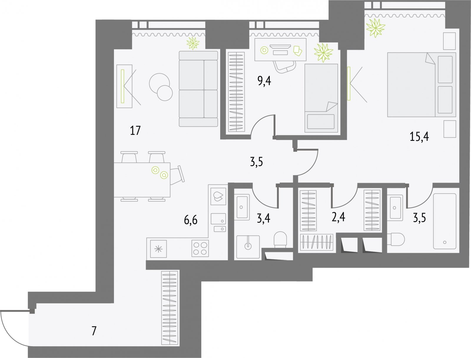 2-комнатная квартира без отделки, 67.7 м2, 34 этаж, сдача 2 квартал 2026 г., ЖК Upside Towers, корпус 1 - объявление 2326406 - фото №1