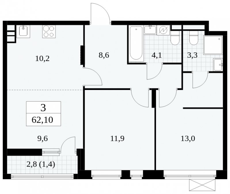 3-комнатная квартира (евро) без отделки, 62.1 м2, 4 этаж, сдача 1 квартал 2025 г., ЖК Прокшино, корпус 5.2.3 - объявление 1751385 - фото №1