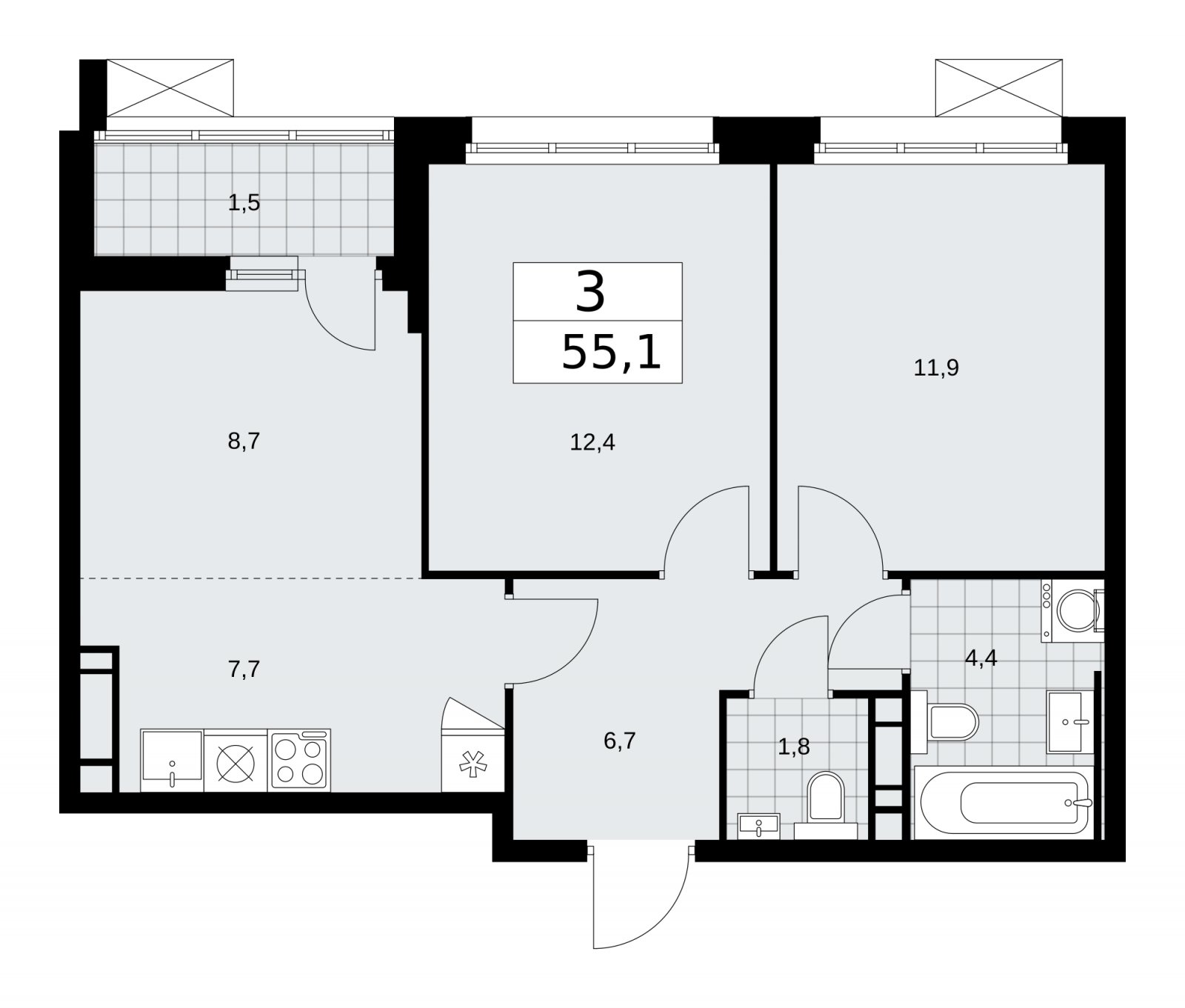 3-комнатная квартира (евро) с частичной отделкой, 55.1 м2, 10 этаж, сдача 2 квартал 2026 г., ЖК Скандинавия, корпус 25.1 - объявление 2283403 - фото №1
