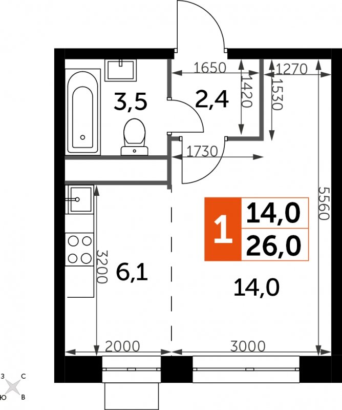 Студия без отделки, 26 м2, 13 этаж, сдача 4 квартал 2023 г., ЖК Датский квартал, корпус 2 - объявление 1974452 - фото №1