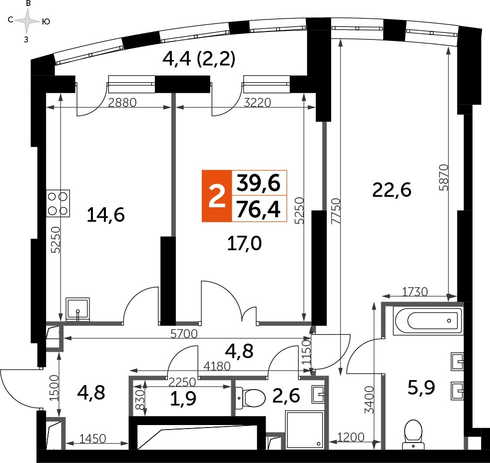 2-комнатная квартира с частичной отделкой, 76.4 м2, 5 этаж, сдача 3 квартал 2024 г., ЖК Sydney City, корпус 2.2 - объявление 2266942 - фото №1