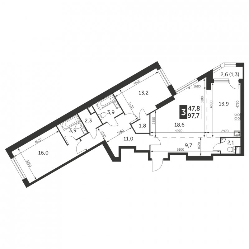 3-комнатная квартира с частичной отделкой, 97.7 м2, 3 этаж, сдача 4 квартал 2023 г., ЖК Архитектор, корпус 3 - объявление 1566113 - фото №1
