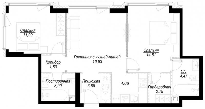 2-комнатная квартира с частичной отделкой, 64.7 м2, 31 этаж, сдача 1 квартал 2023 г., ЖК Hide, корпус RiverSide - объявление 1707087 - фото №1