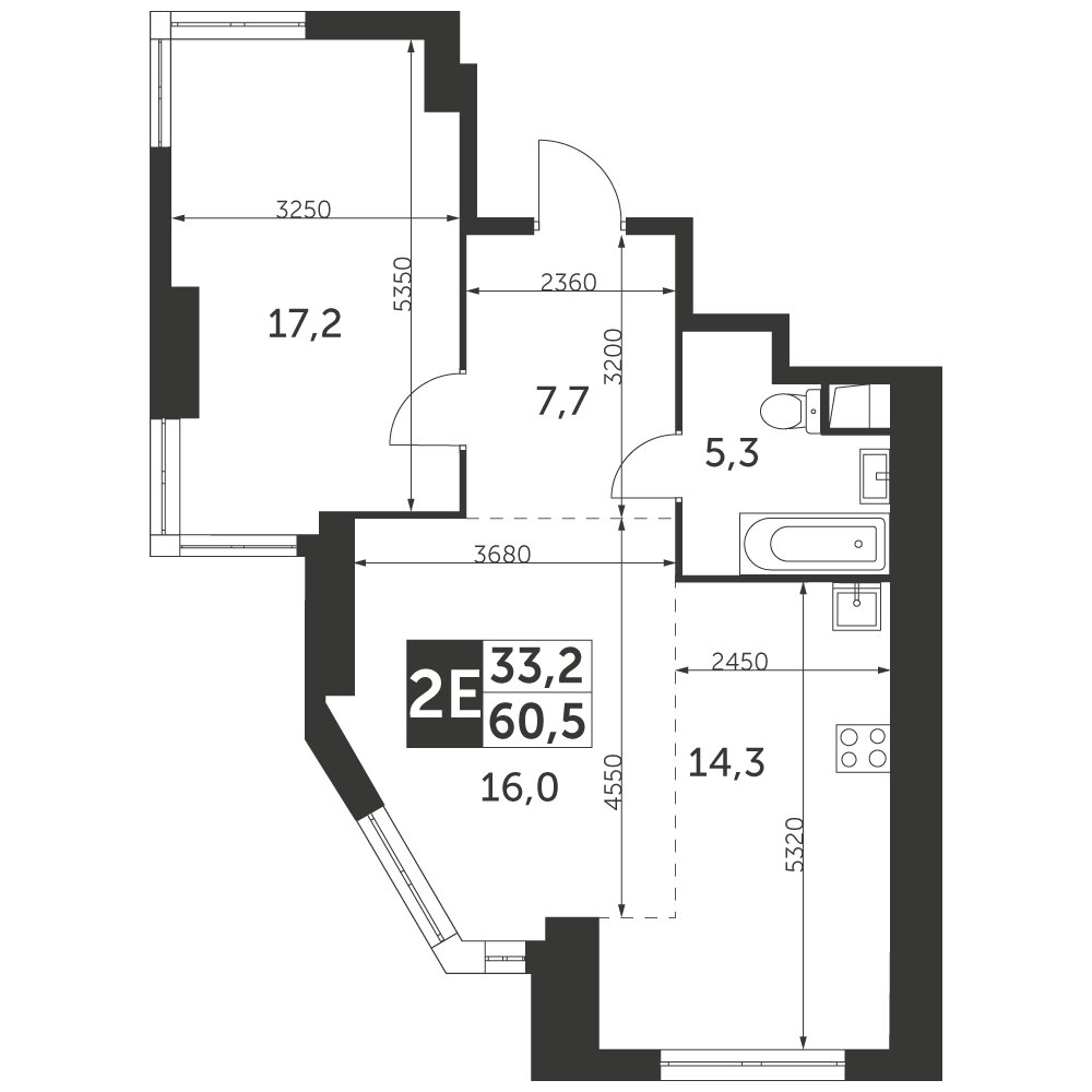 2-комнатная квартира без отделки, 60.5 м2, 39 этаж, сдача 4 квартал 2023 г., ЖК Архитектор, корпус 3 - объявление 2207446 - фото №1