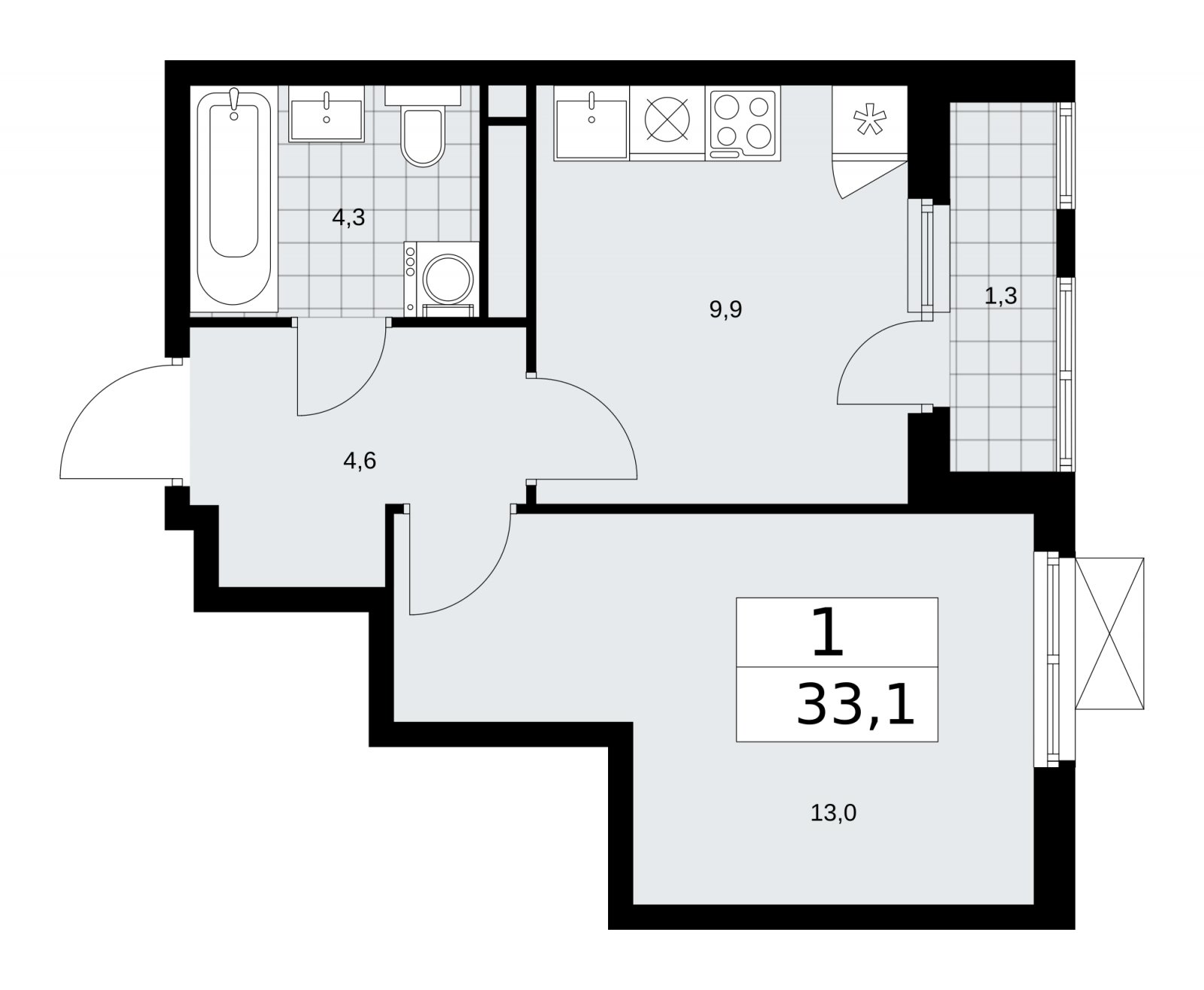 1-комнатная квартира с частичной отделкой, 33.1 м2, 12 этаж, сдача 1 квартал 2026 г., ЖК Прокшино, корпус 11.1.1 - объявление 2257238 - фото №1