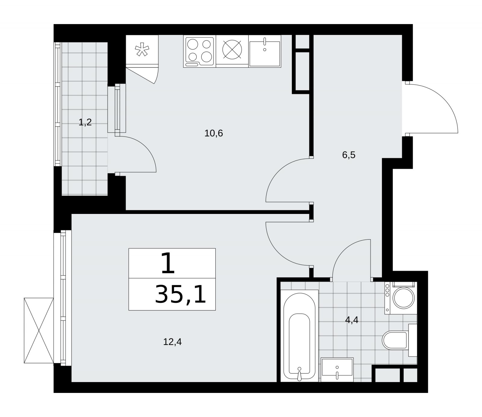 1-комнатная квартира без отделки, 35.1 м2, 7 этаж, сдача 1 квартал 2026 г., ЖК Прокшино, корпус 11.2.1 - объявление 2269929 - фото №1