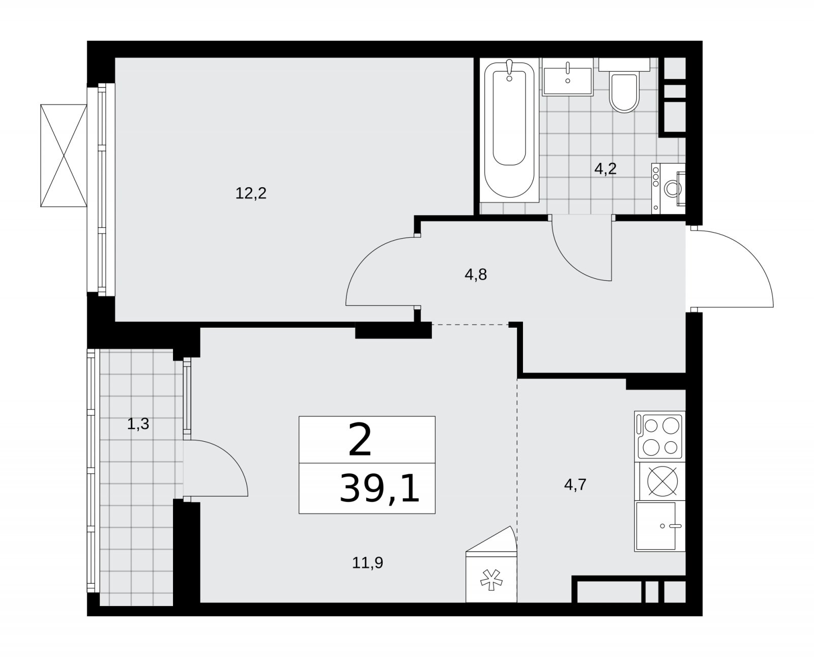 2-комнатная квартира (евро) без отделки, 39.1 м2, 9 этаж, сдача 1 квартал 2026 г., ЖК Деснаречье, корпус 4.2 - объявление 2263756 - фото №1