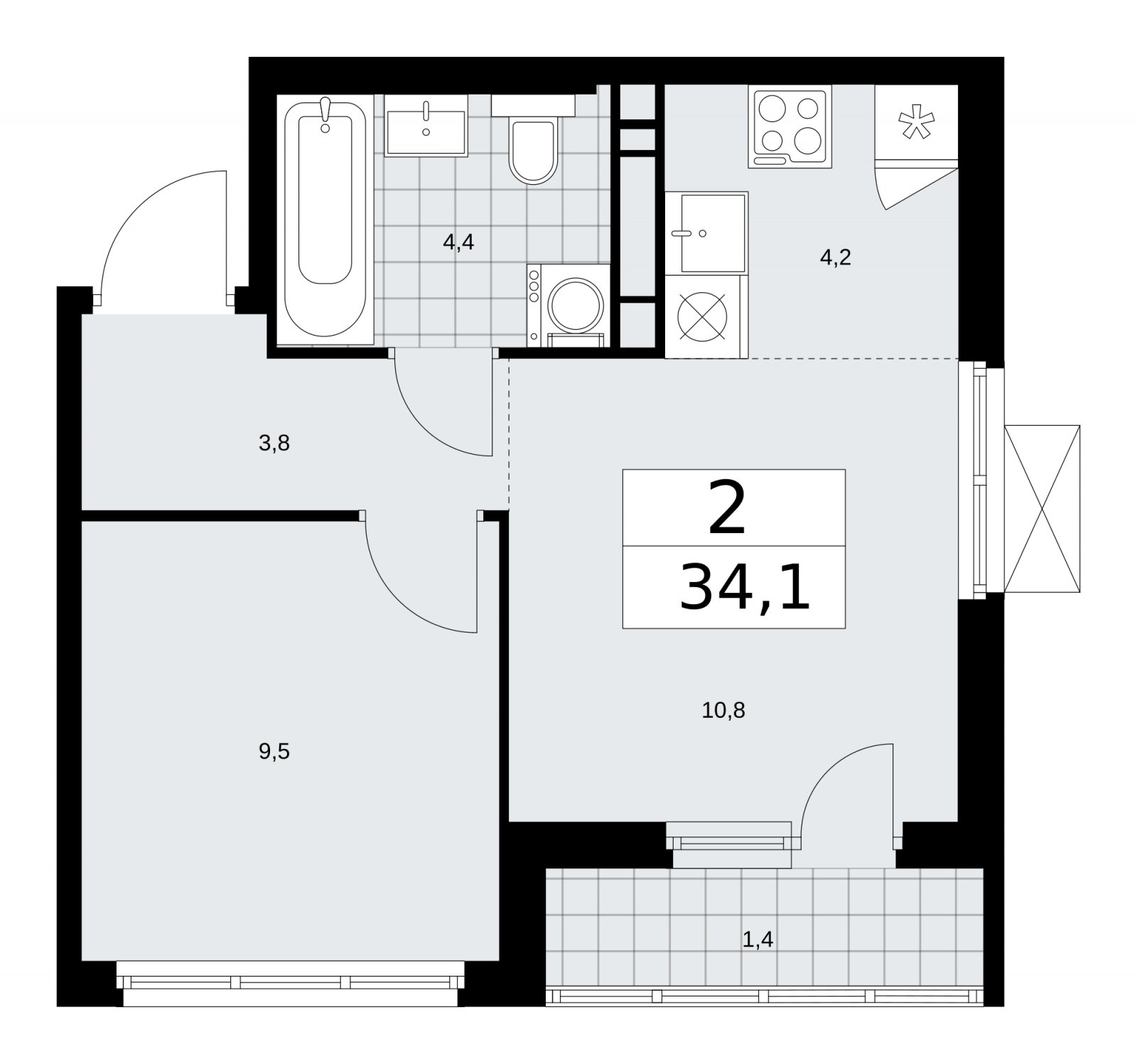 2-комнатная квартира (евро) без отделки, 34.1 м2, 8 этаж, сдача 4 квартал 2025 г., ЖК Прокшино, корпус 11.1.4 - объявление 2257816 - фото №1