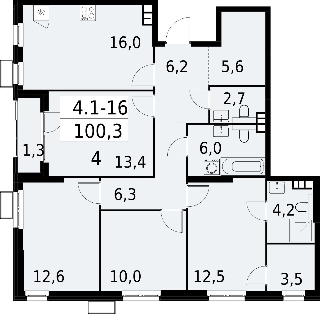 4-комнатная квартира с полной отделкой, 100.3 м2, 4 этаж, сдача 2 квартал 2027 г., ЖК Южные сады, корпус 4.1.1 - объявление 2392557 - фото №1