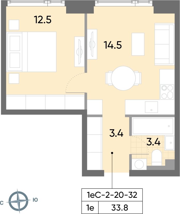 1-комнатная квартира 33.8 м2, 24 этаж, сдача 2 квартал 2026 г., ЖК WAVE, корпус 1 - объявление 2185762 - фото №1