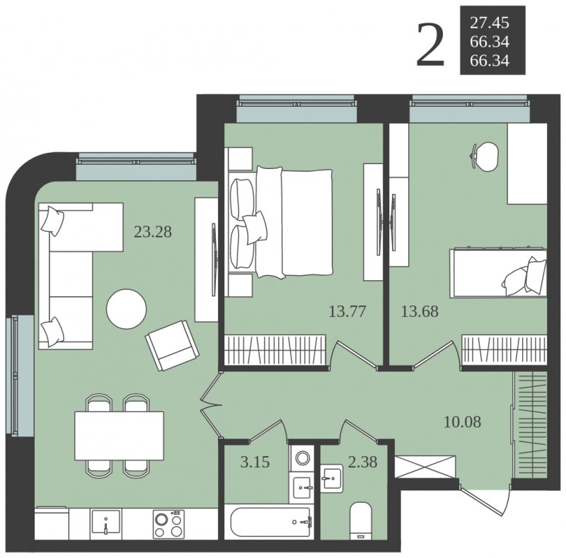 2-комнатная квартира без отделки, 66.34 м2, 1 этаж, сдача 1 квартал 2024 г., ЖК Мишино-2, корпус 7 - объявление 1748175 - фото №1